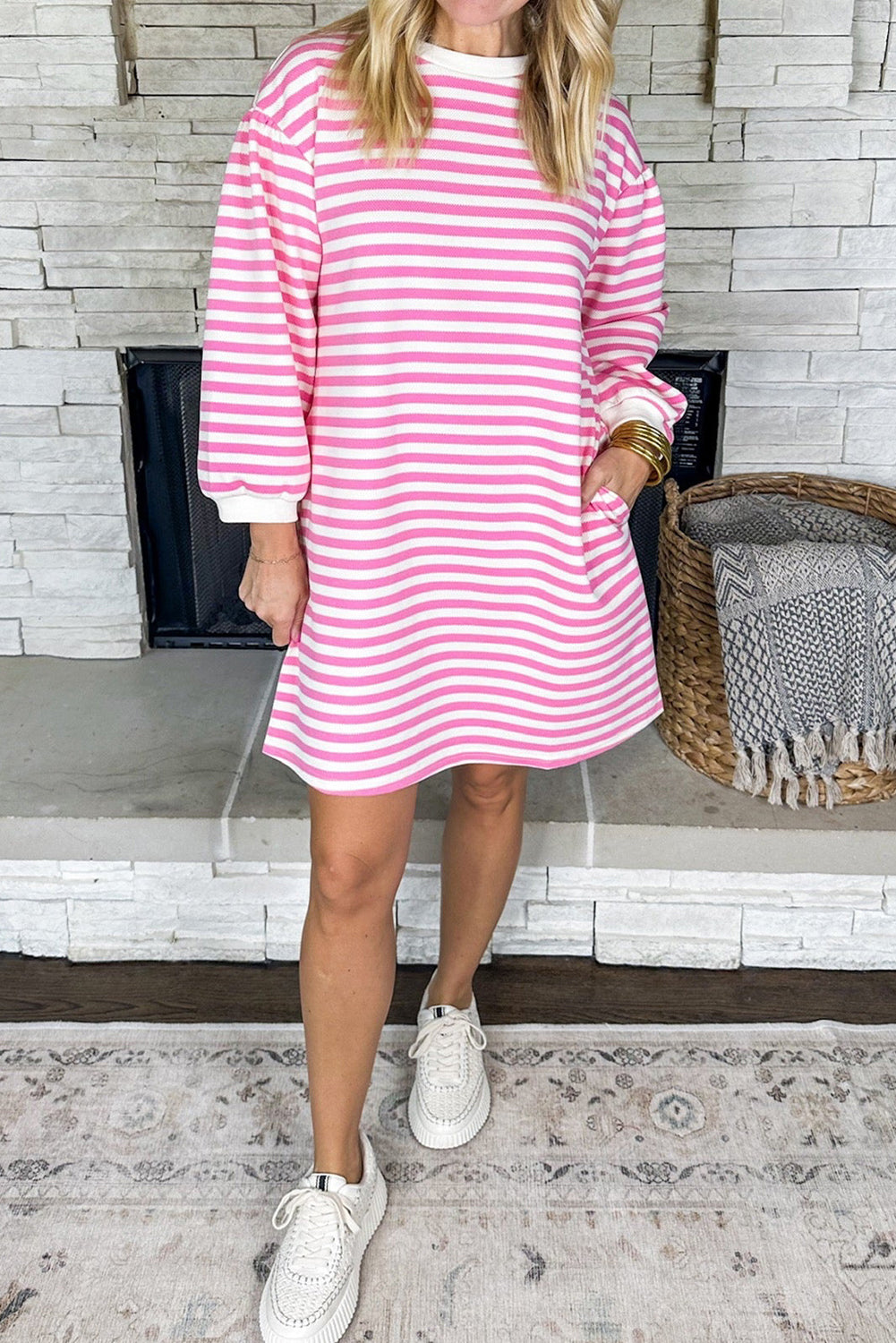 Pink Stripe Round Neck Puff Sleeve Pocketed Shift Dress Mini Dresses JT's Designer Fashion