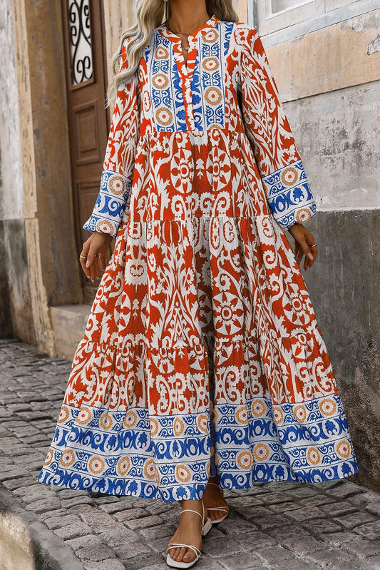 Orange Boho Geometric Printed Long Sleeve Maxi Dress Orange 100%Polyester Maxi Dresses JT's Designer Fashion