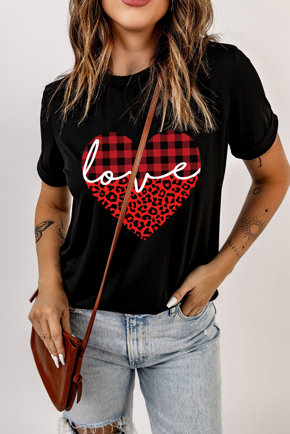 Black Love Leopard Plaid Heart Shaped Crewneck T Shirt Graphic Tees JT's Designer Fashion