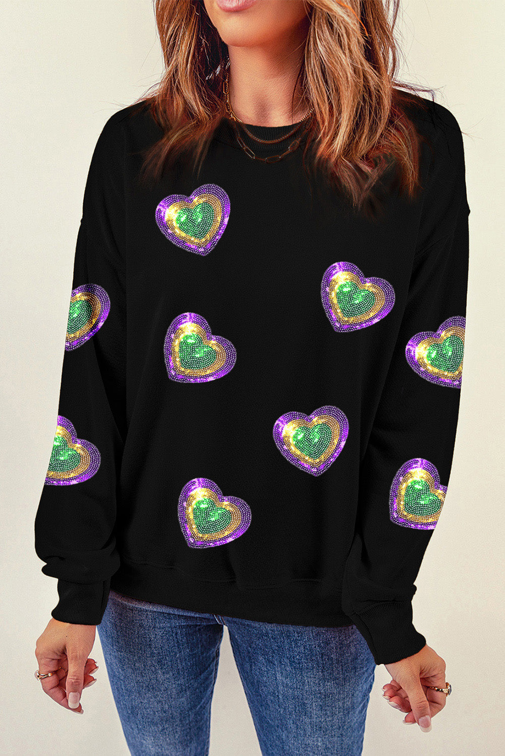 Black Mardi Gras Heart Print Crew Neck Sweatshirt Graphic Sweatshirts JT's Designer Fashion