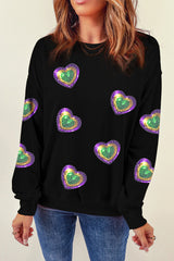 Black Mardi Gras Heart Print Crew Neck Sweatshirt Graphic Sweatshirts JT's Designer Fashion