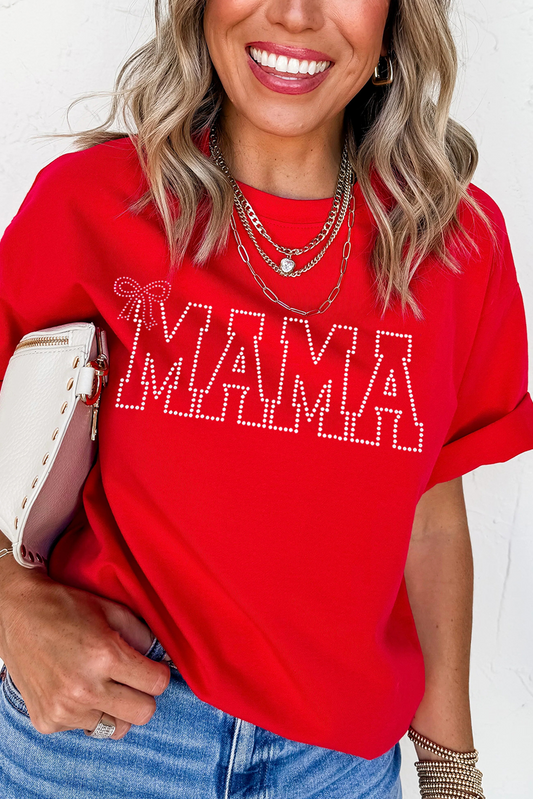 Red Rhinestone MAMA Bow Knot Pattern Crew Neck Loose Tee Graphic Tees JT's Designer Fashion