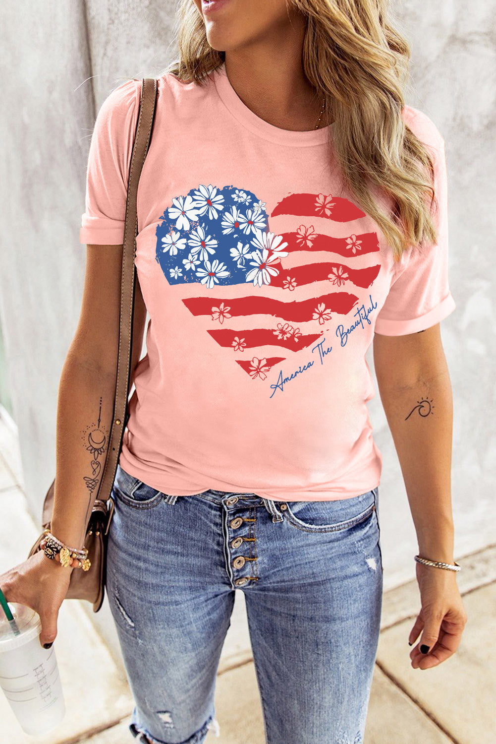 Pink Floral American Flag Heart Shape Graphic T Shirt Graphic Tees JT's Designer Fashion