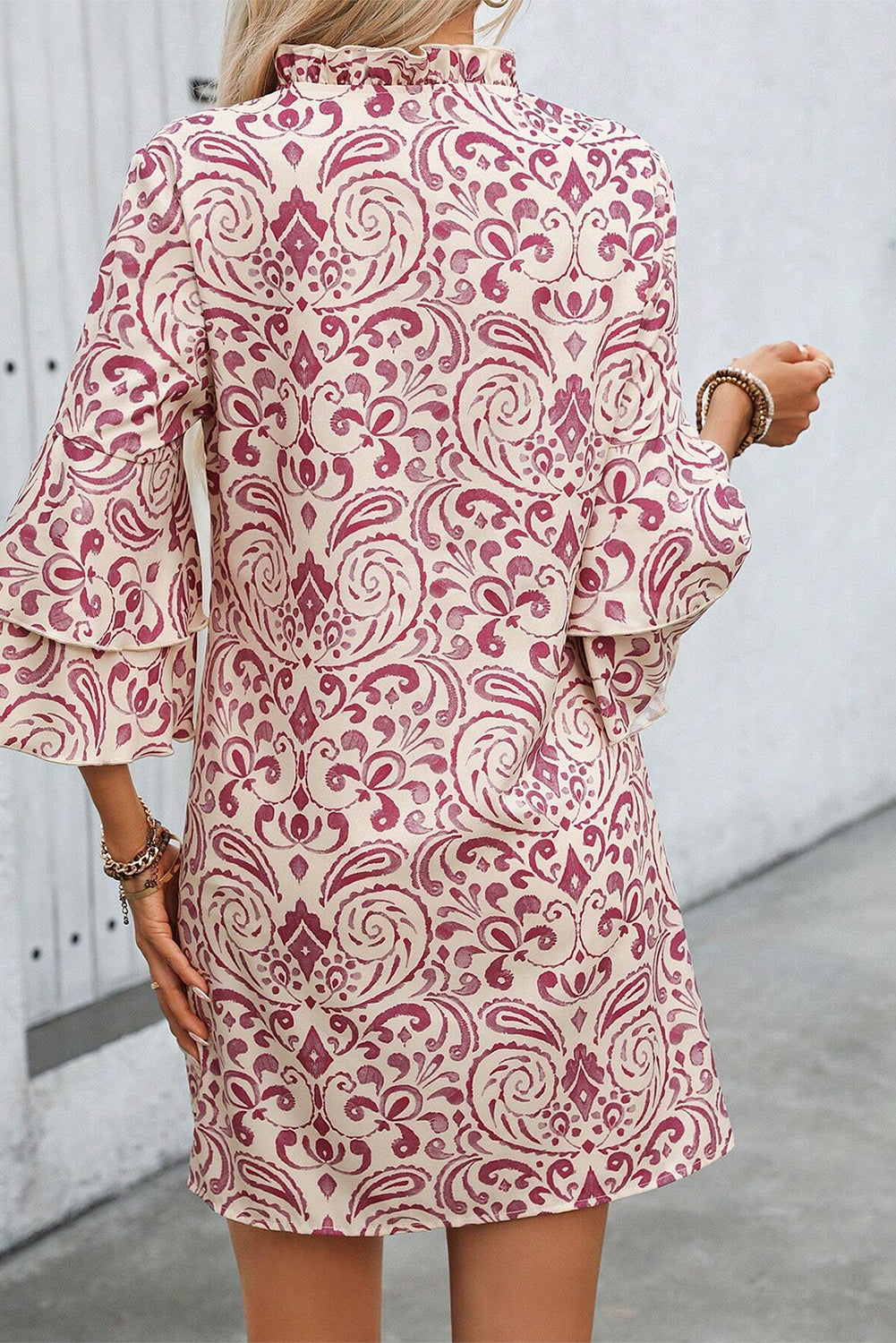 Pink Paisley Print Tiered 3/4 Sleeve Notched Neck Mini Dress Mini Dresses JT's Designer Fashion