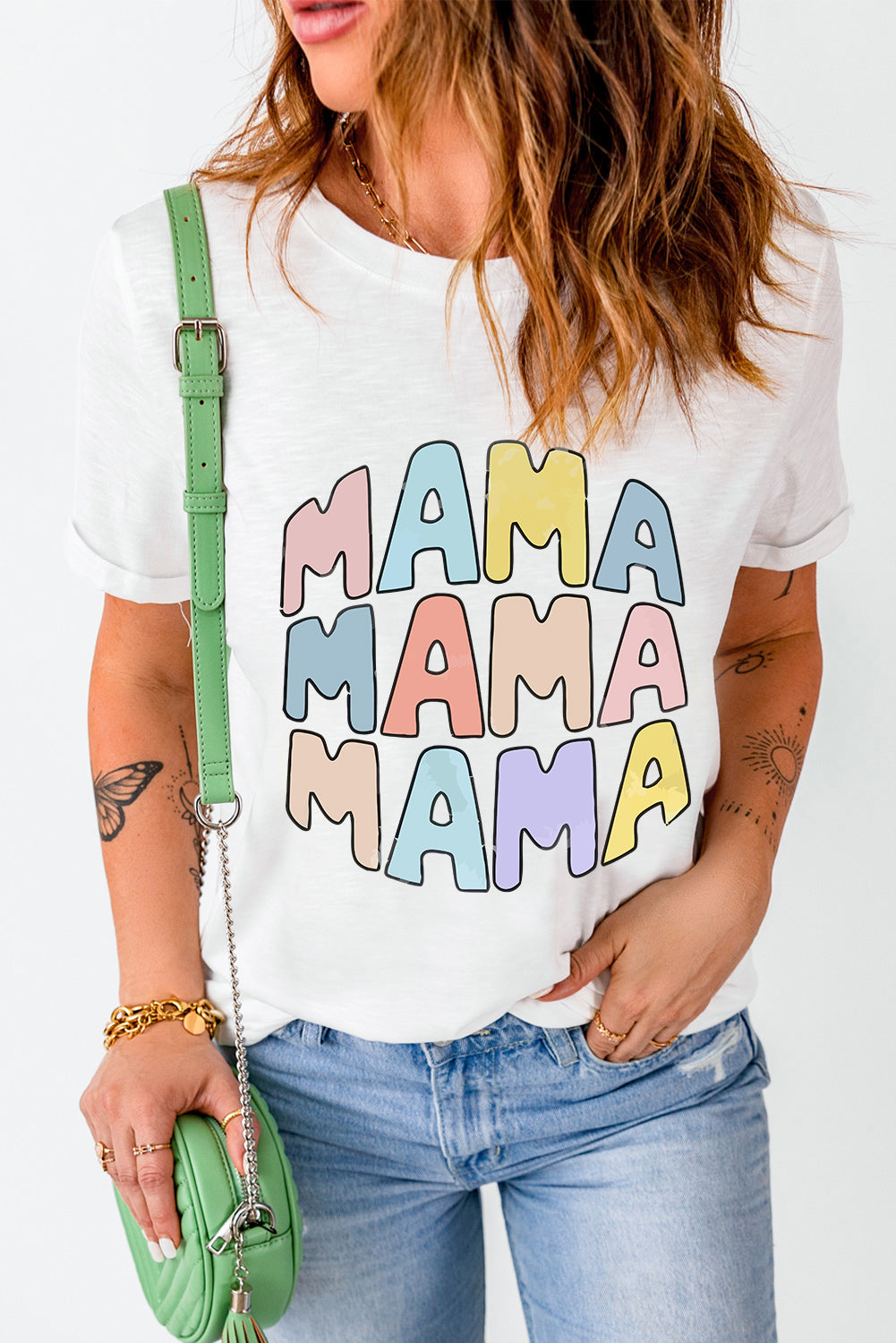 White MAMA Slogan Print Crew Neck Casual T Shirt Graphic Tees JT's Designer Fashion