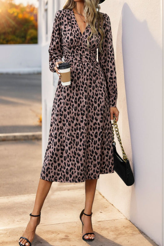 Leopard Surplice Long Sleeve Midi Dress Mauve Midi Dresses JT's Designer Fashion