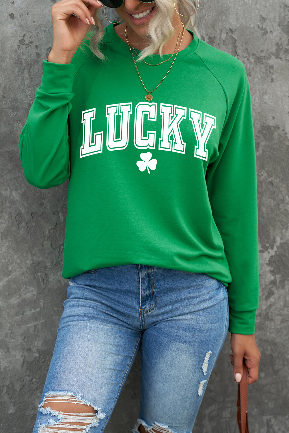 Green St. Patricks LUCKY Clover Print Raglan Sleeve Sweatshirt Graphic Sweatshirts JT's Designer Fashion