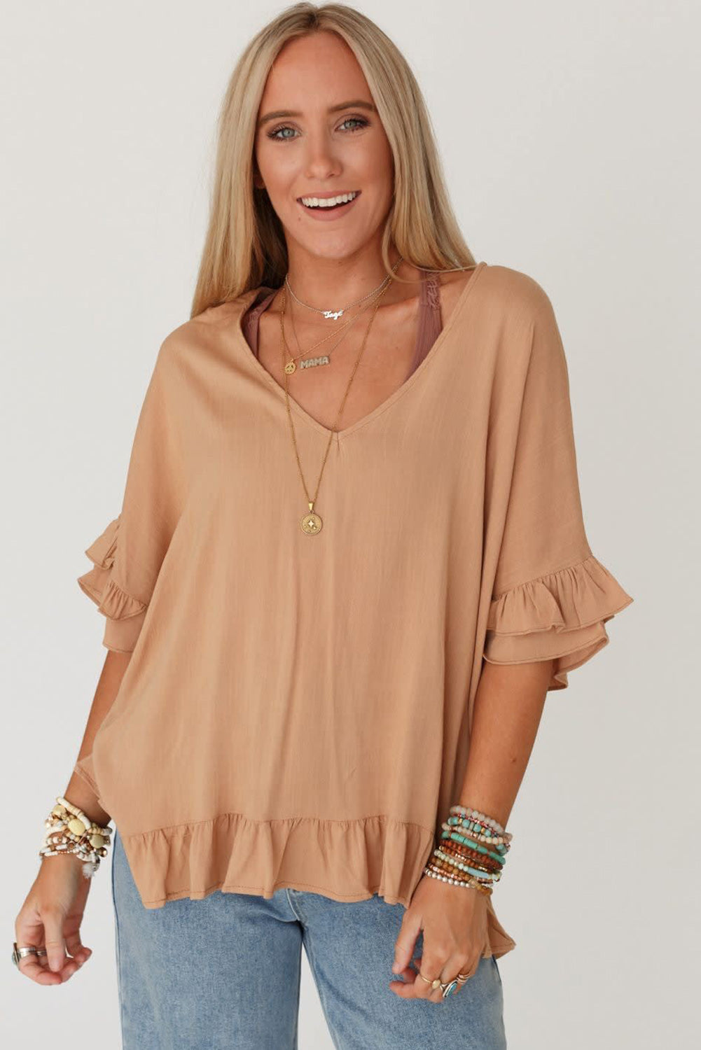 Light French Beige Solid Layered Ruffled Sleeve V Neck Blouse Tops & Tees JT's Designer Fashion