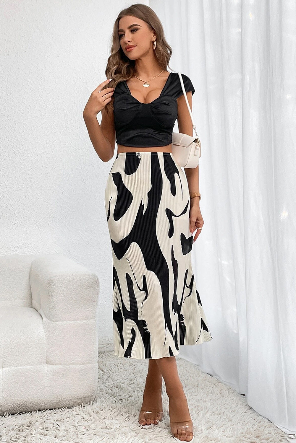 Black Colorblock Geometric Print Pleated Midi Skirt Pre Order Bottoms JT's Designer Fashion