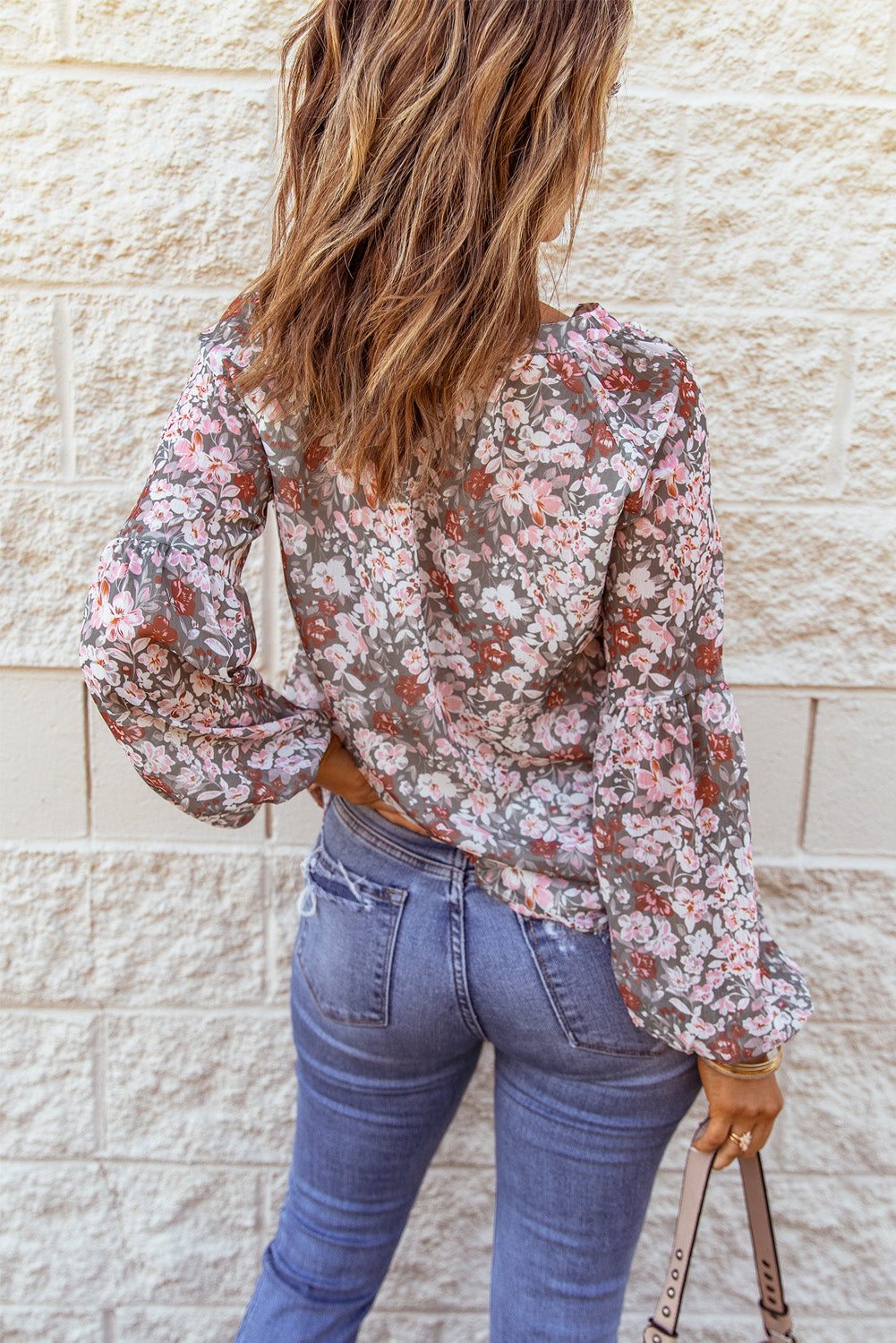 Multicolor Floral Print V Neck Long Puff Sleeve Top Blouses & Shirts JT's Designer Fashion