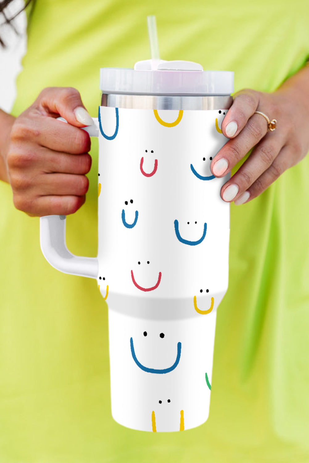 White Smiling Face Print Handle Vacuum Cup 1200ml Tumblers JT's Designer Fashion