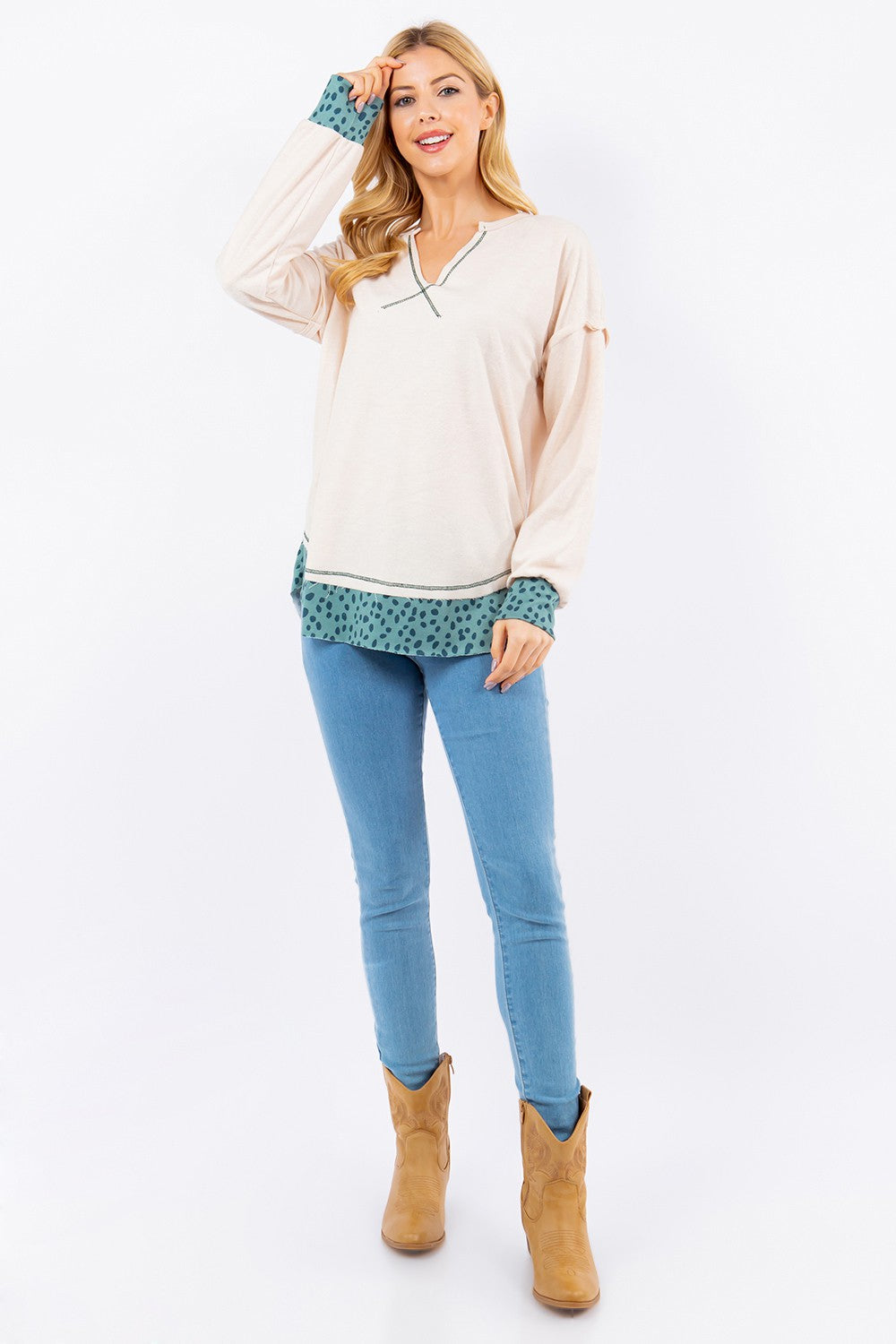 Contrast Stitching Notched Dropped Shoulder Blouse Long Sleeve Tops JT's Designer Fashion