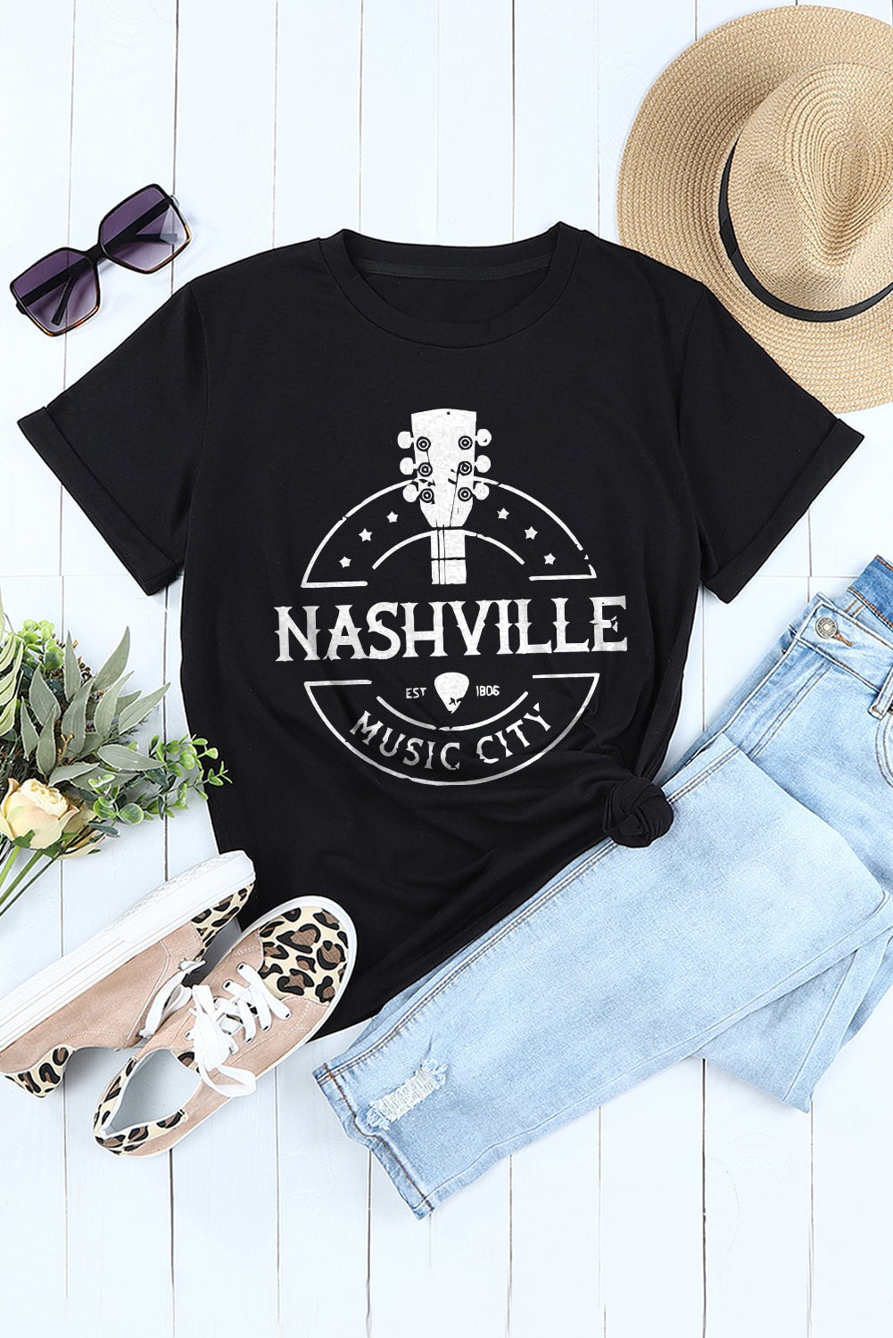 Black NASHVILLE MUSIC CITY Graphic Print Crew Neck T Shirt Graphic Tees JT's Designer Fashion