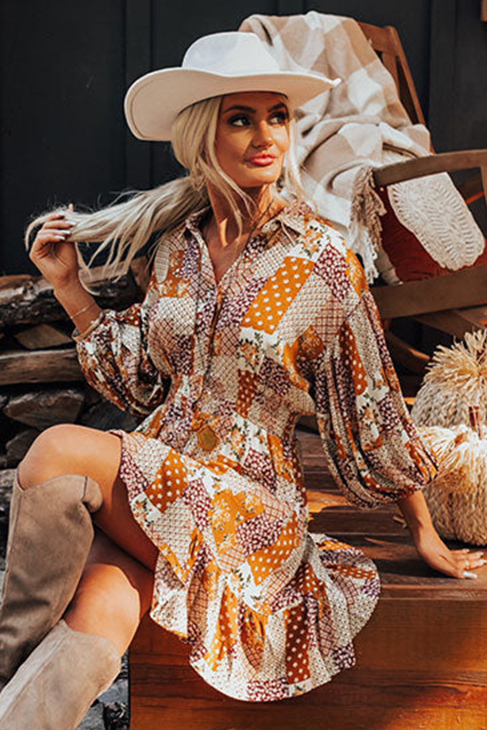 Orange Boho Floral Puff Sleeve Smocked Waist Mini Shirt Dress Mini Dresses JT's Designer Fashion