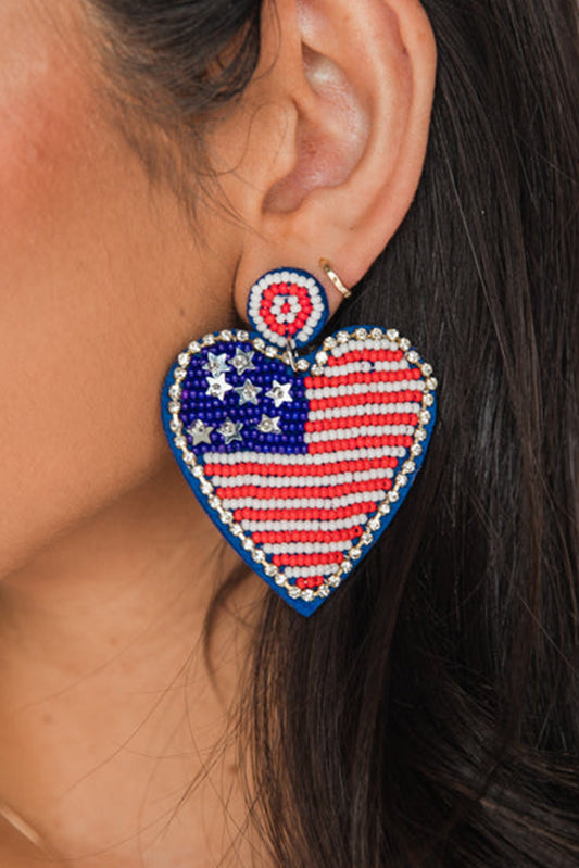 Sail Blue Rhinestone Beaded American Flag Heart Earrings Jewelry JT's Designer Fashion