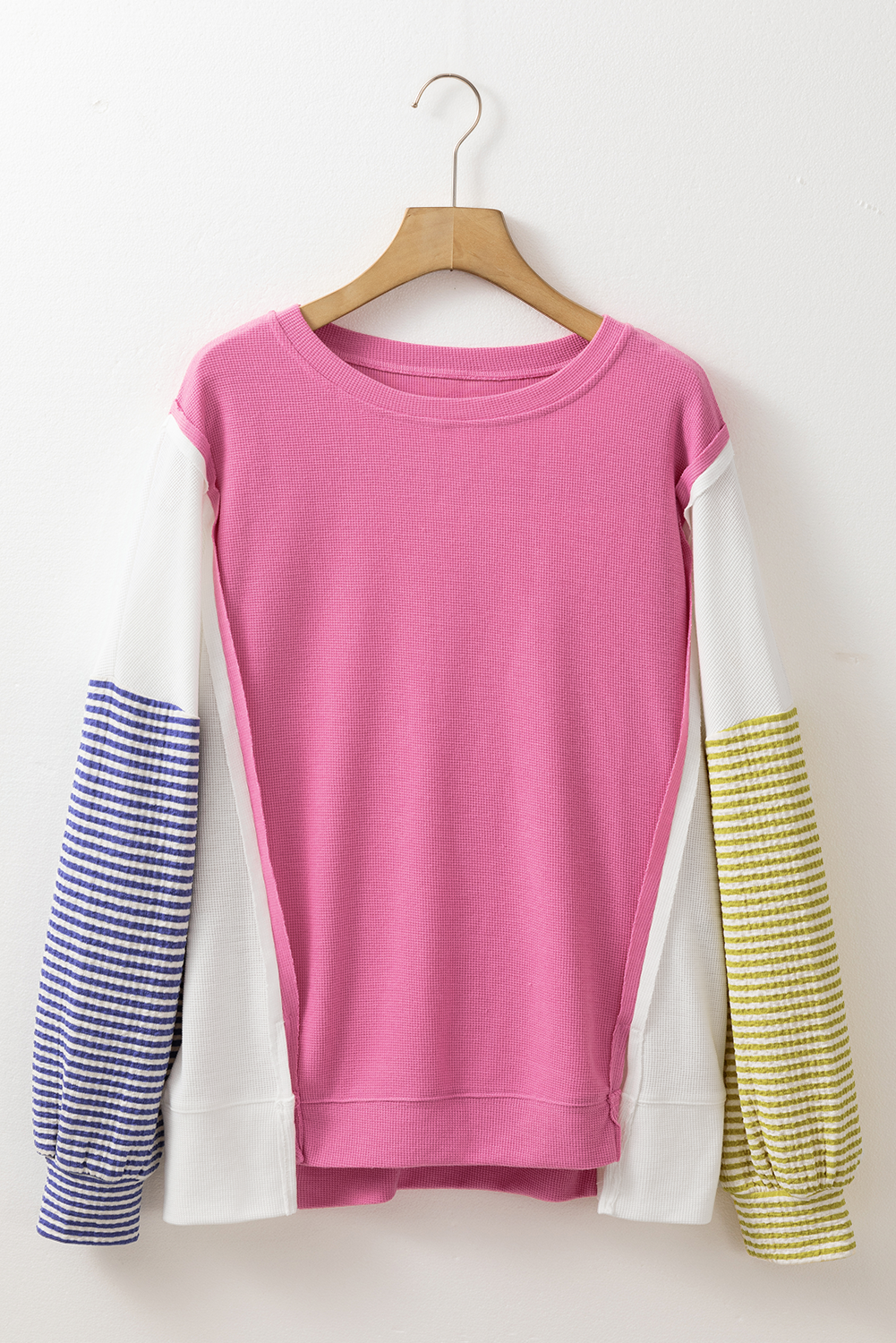 Sachet Pink Exposed Seam Striped Color Block Patchwork Long Sleeve Top Long Sleeve Tops JT's Designer Fashion