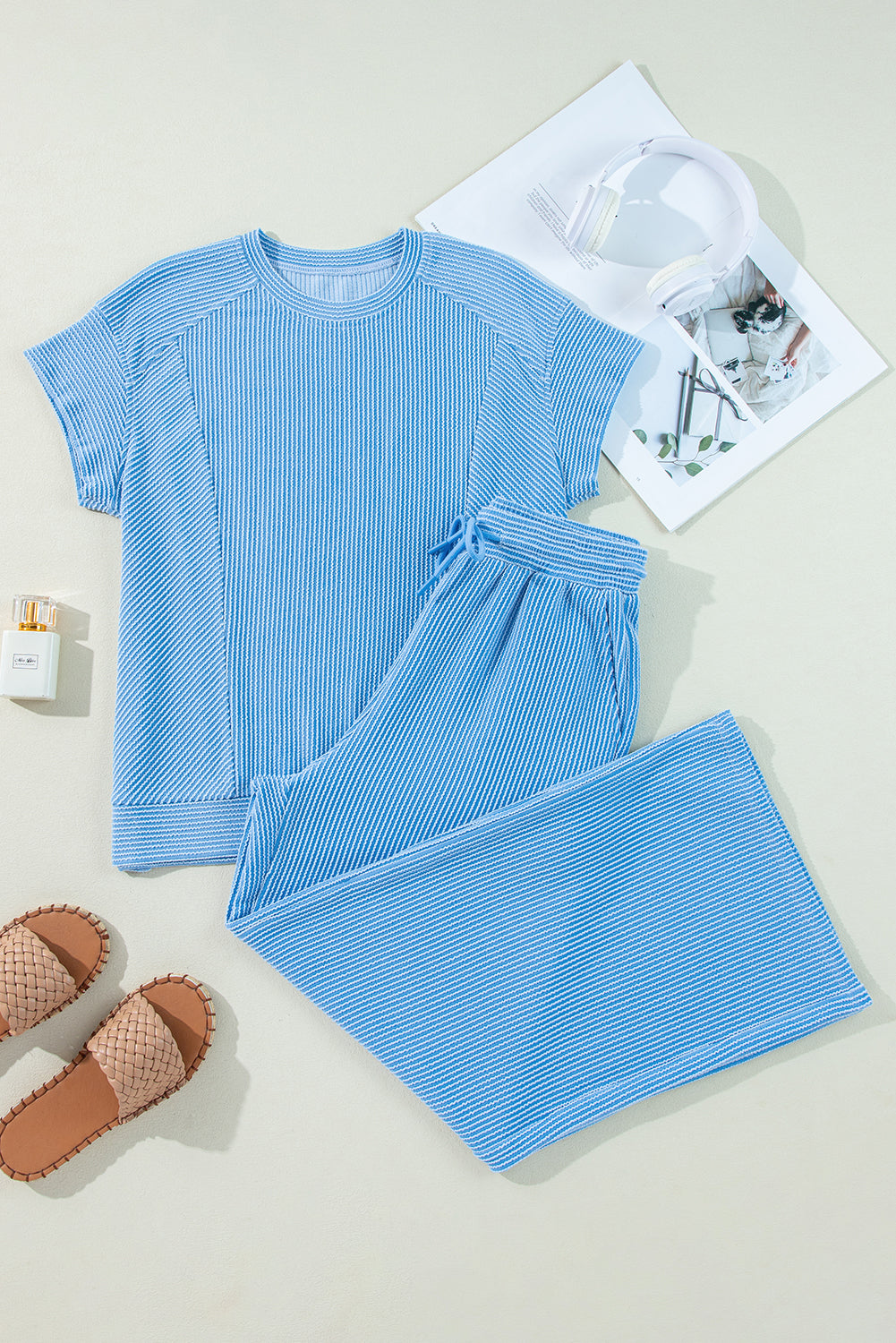 Blue Solid Corded Knit Short Sleeve T Shirt and Wide Leg Pants Set Pant Sets JT's Designer Fashion