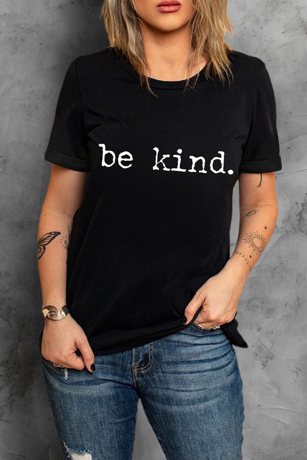 Black be kind Letter Print Round Neck Casual T Shirt Graphic Tees JT's Designer Fashion