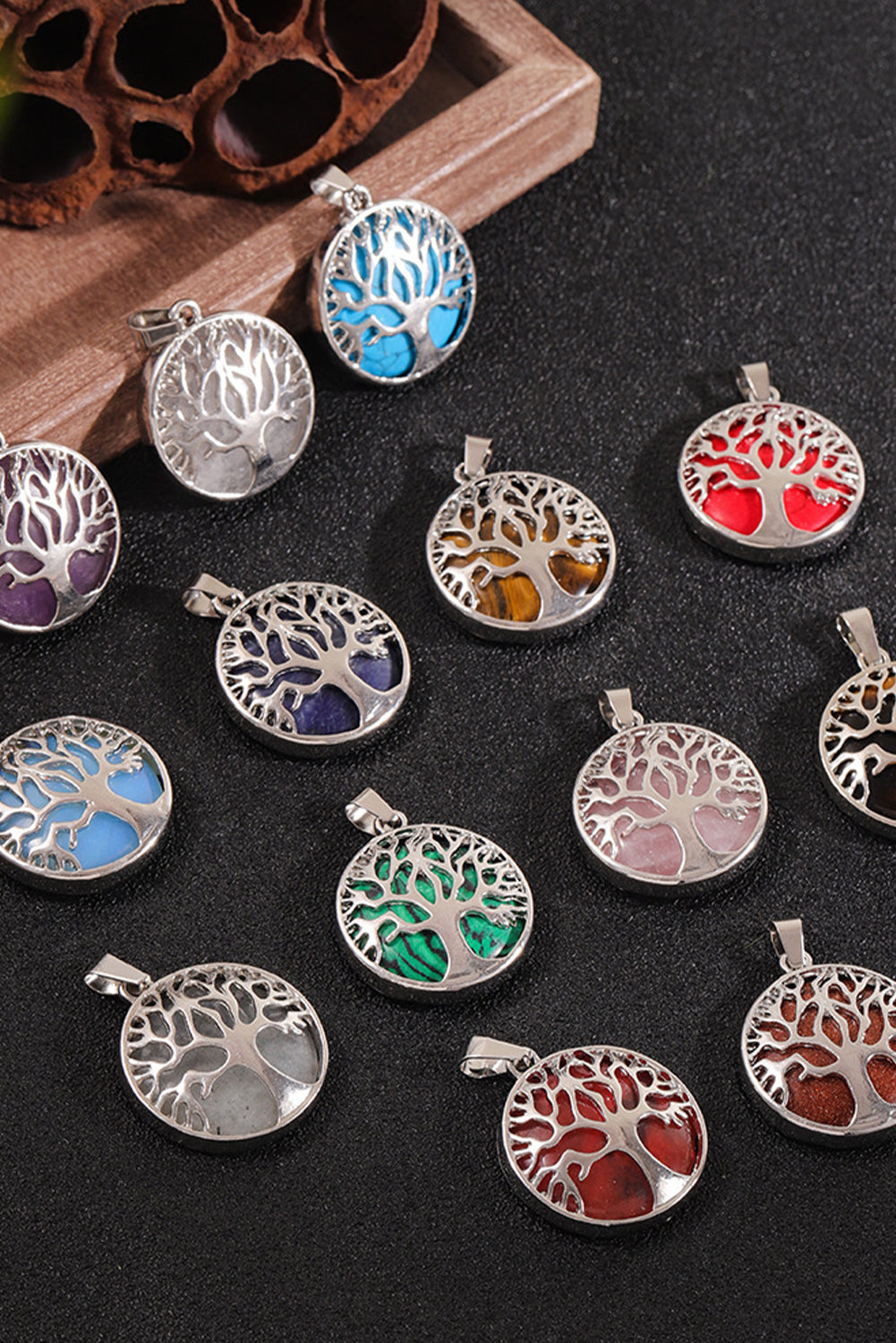 Blue Boho Tree of Life Crystal Round Pendant Necklace Jewelry JT's Designer Fashion