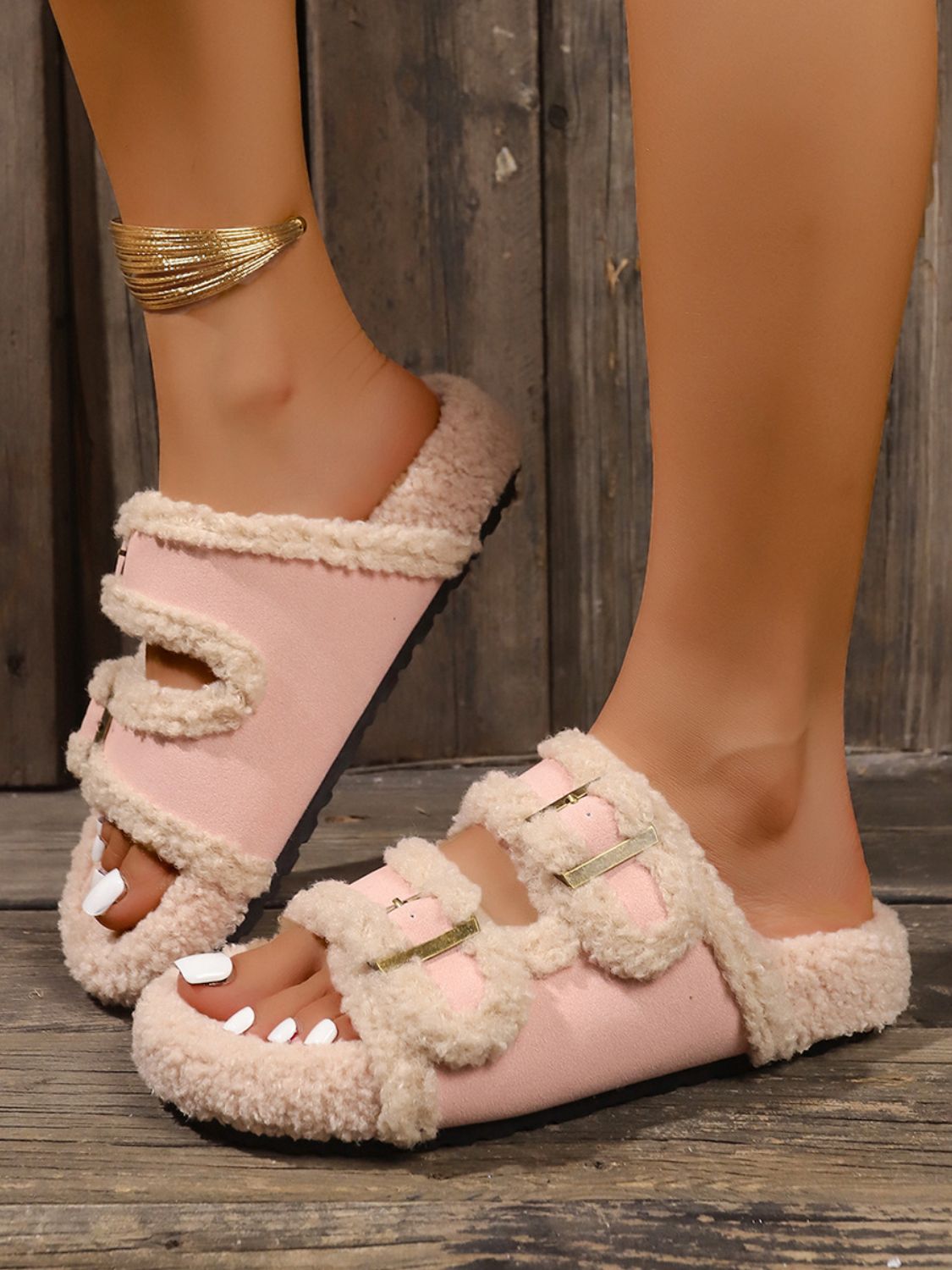 Faux Fur Contrast Open Toe Slippers Pink Slippers JT's Designer Fashion