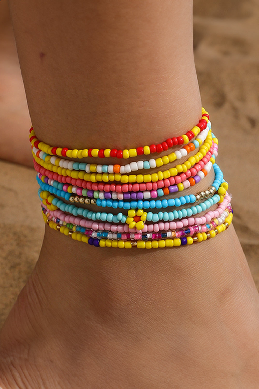 Yellow Flower Random Color Multi Layered Beaded Anklet Set Jewelry JT's Designer Fashion