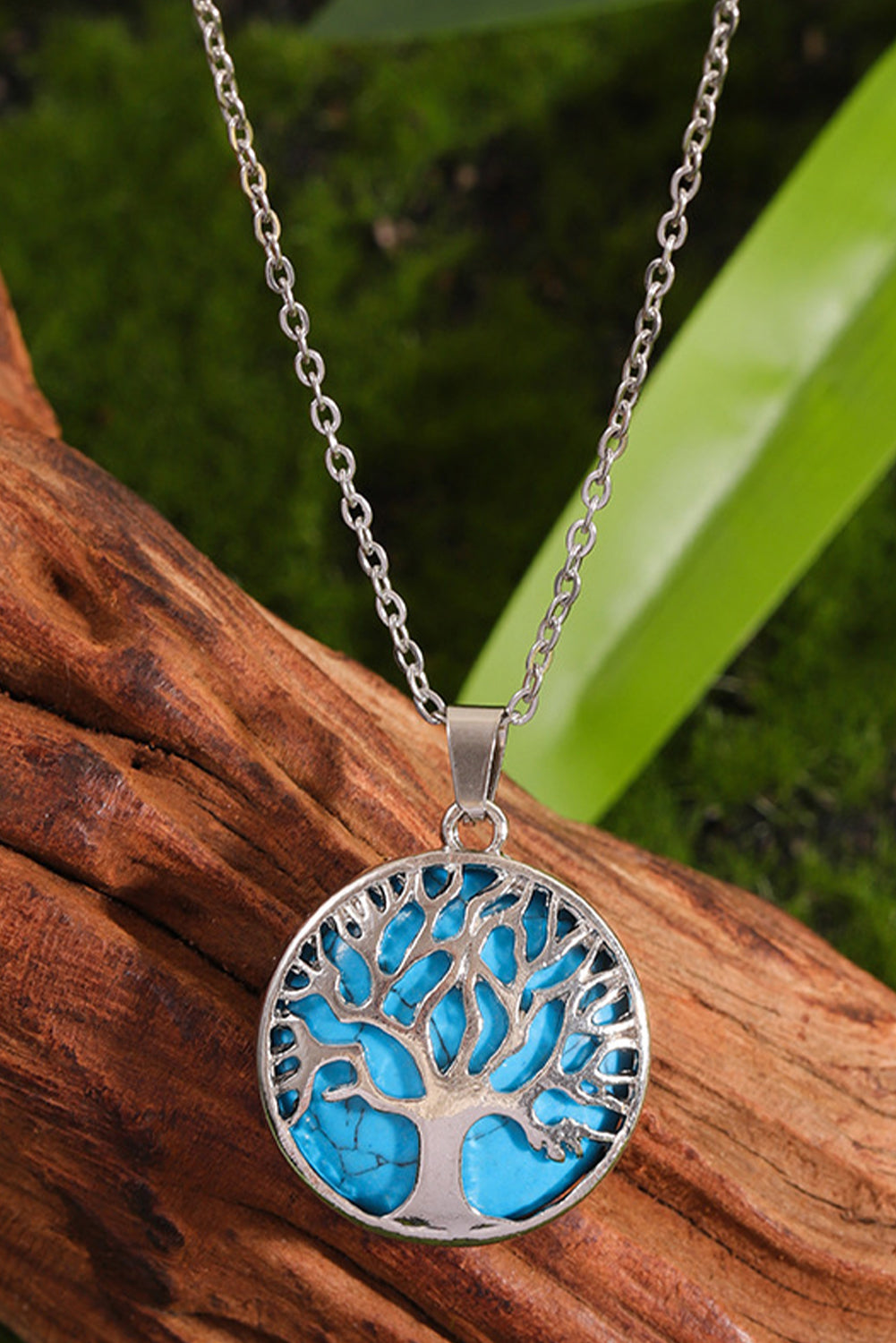 Blue Boho Tree of Life Crystal Round Pendant Necklace Jewelry JT's Designer Fashion