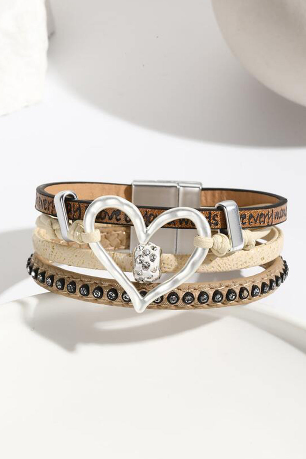 Light French Beige Heart Shape Magnetic Buckle Multi Layered Bracelet Jewelry JT's Designer Fashion