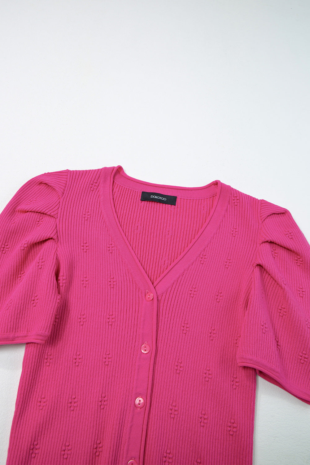 Rose Red Flower Ribbed Texture Button V Neck Bubble Sleeve Top Pre Order Sweaters & Cardigans JT's Designer Fashion