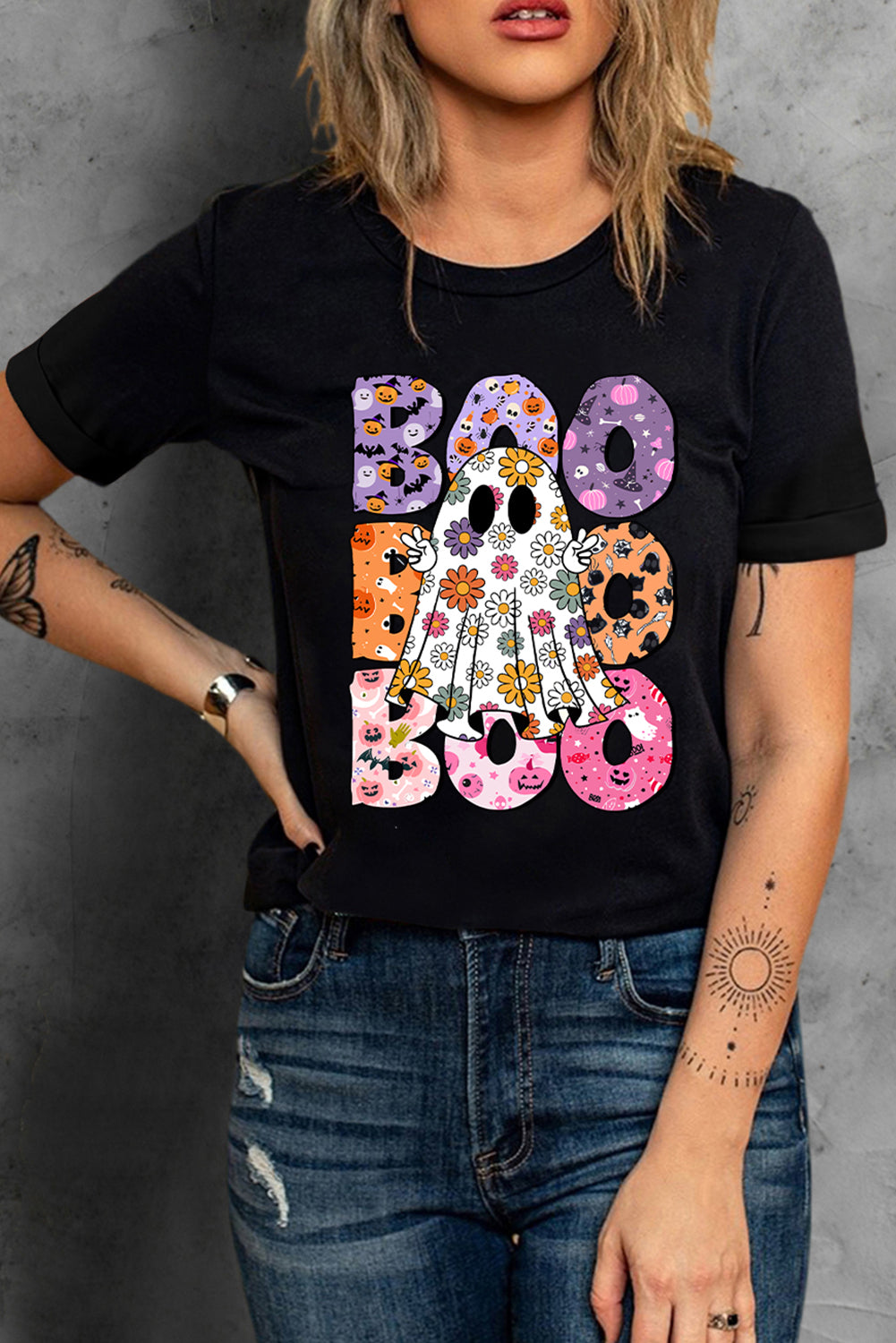 Black BOO Floral Ghost Print Crew Neck Halloween T Shirt Graphic Tees JT's Designer Fashion