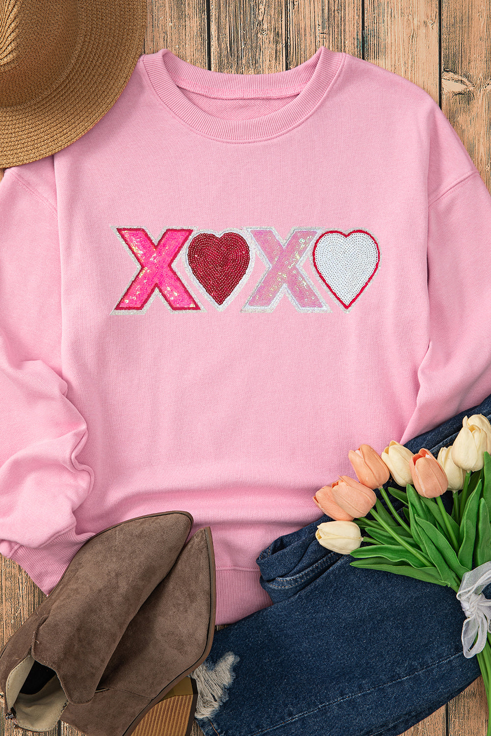 Pink Sequin Heart XOXO Graphic Drop Shoulder Valentines Sweatshirt Graphic Sweatshirts JT's Designer Fashion