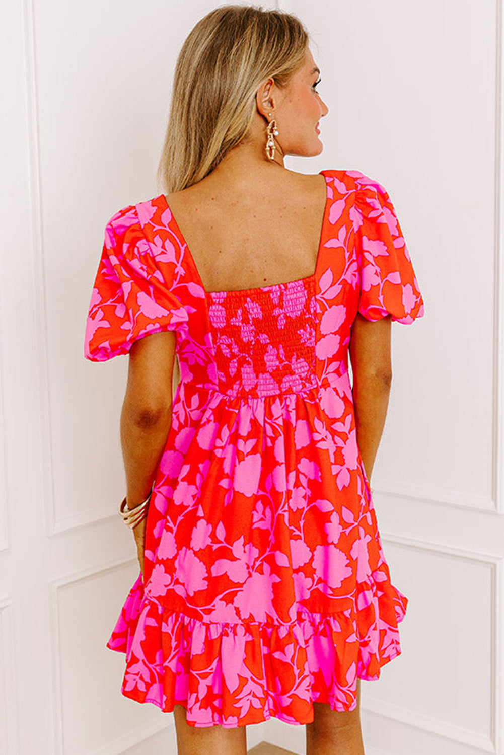 Red Floral Bubble Sleeve Sweetheart Neck Ruffled Mini Dress Floral Dresses JT's Designer Fashion