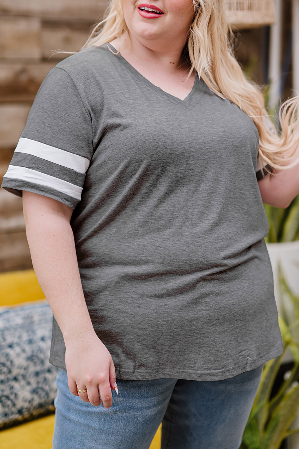 Gray Plus Size Stripes Stitching Sleeve V Neck T-shirt Plus Size JT's Designer Fashion