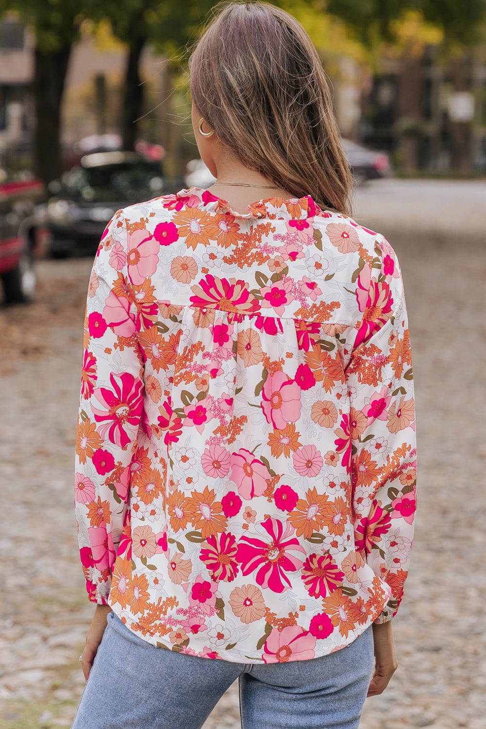 Bright White Floral Print Split V Neck Blouse Blouses & Shirts JT's Designer Fashion