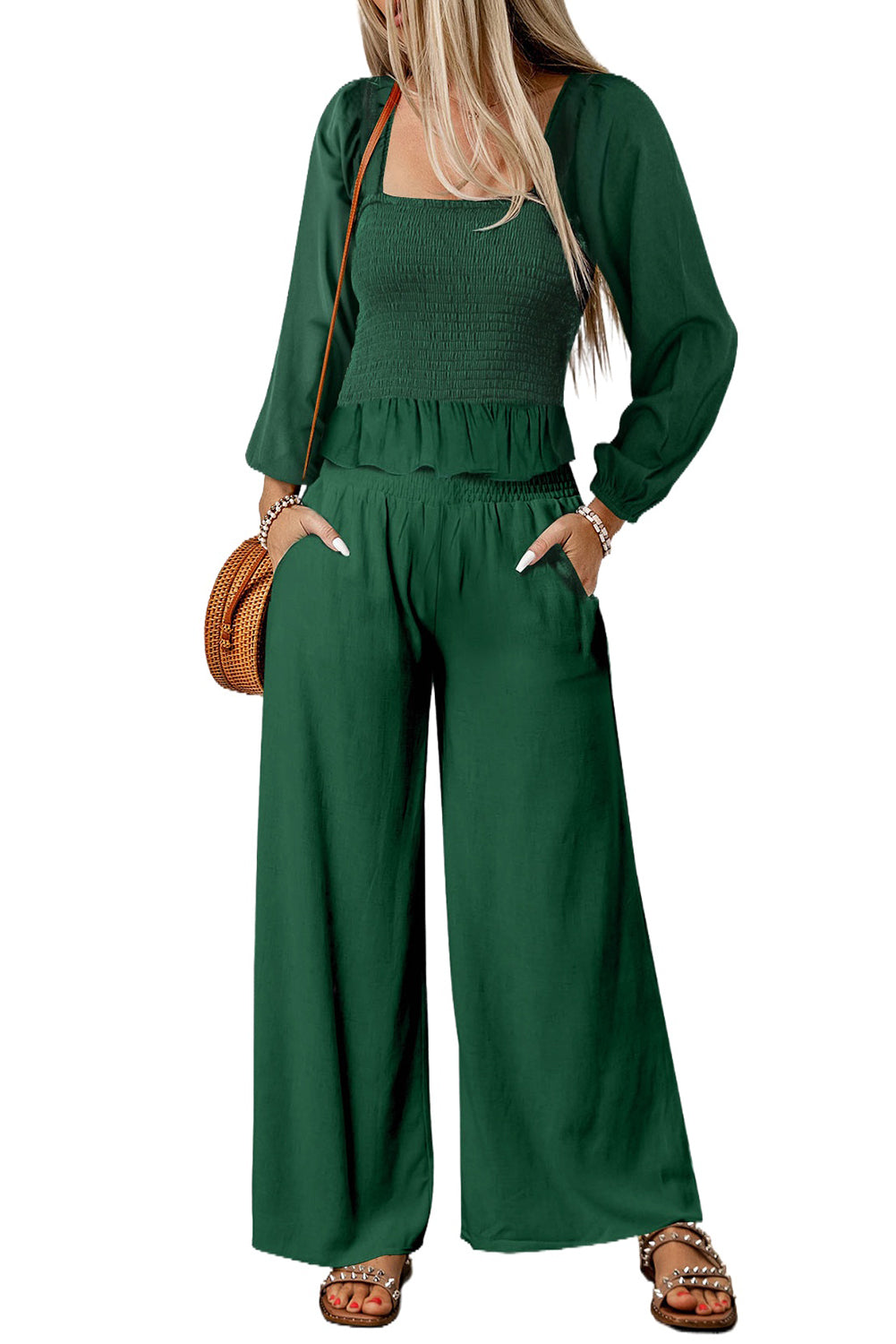 Green Square Neck Smocked Peplum Top and Pants Set Pant Sets JT's Designer Fashion