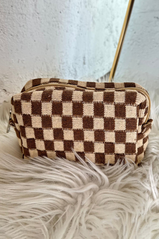 Light French Beige Checkered Knitted Zipper Makeup Bag Other Accessories JT's Designer Fashion