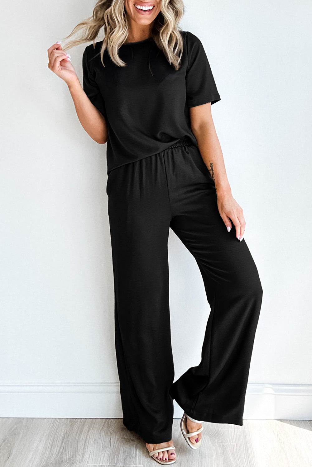 Black Solid Color T Shirt 2pcs Wide Leg Pants Set Pant Sets JT's Designer Fashion