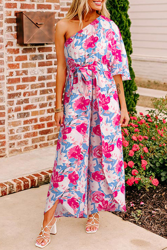 Pink Floral Print Asymmetrical Neckline Single Shoulder Drape Sleeve Belted Jumpsuit Jumpsuits & Rompers JT's Designer Fashion