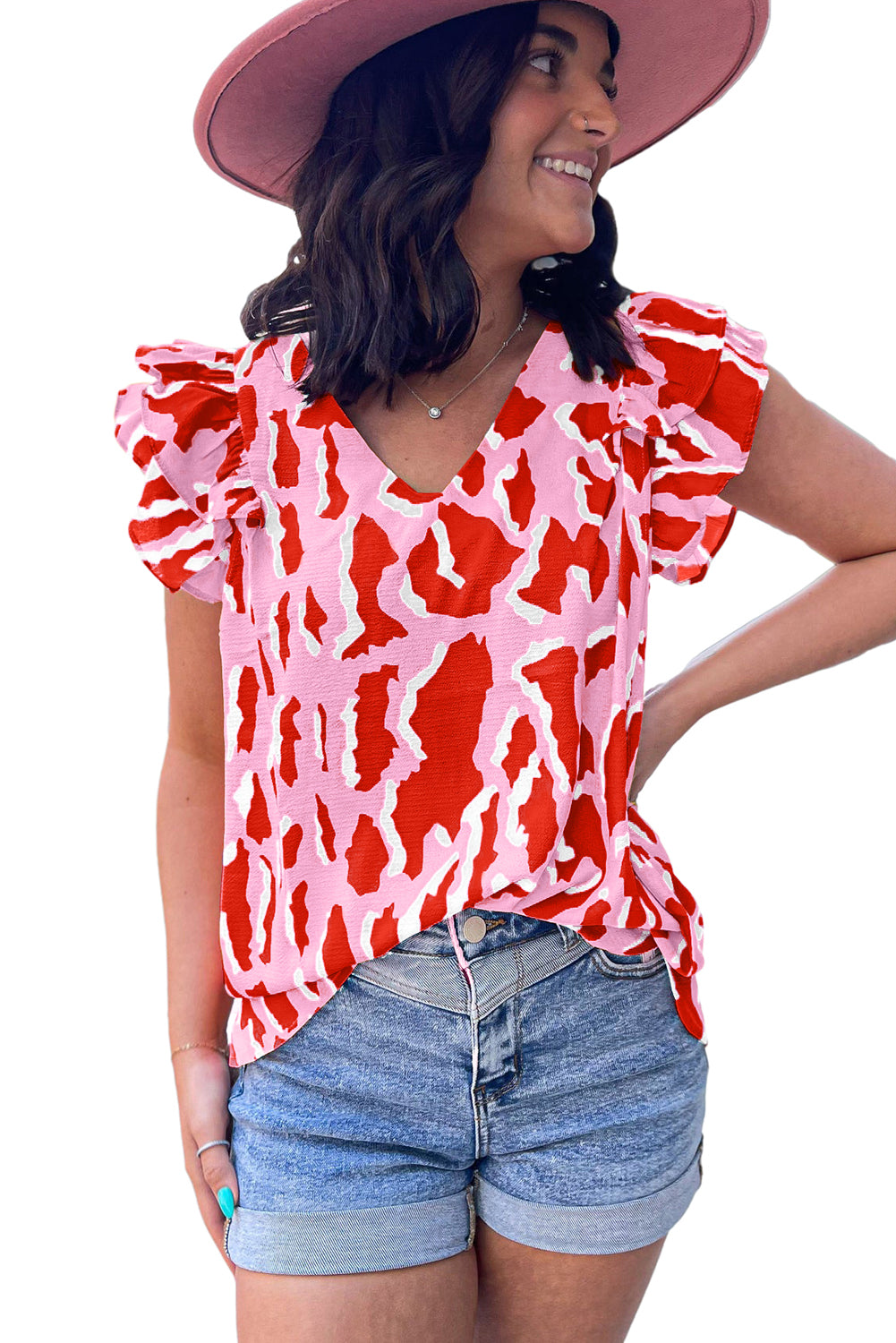 Pink Abstract Print V Neck Ruffled Sleeve Blouse Tops & Tees JT's Designer Fashion