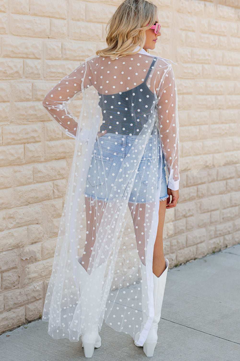 White Polka Dot Print Collared Buttoned Mesh Duster Kimono Tops & Tees JT's Designer Fashion