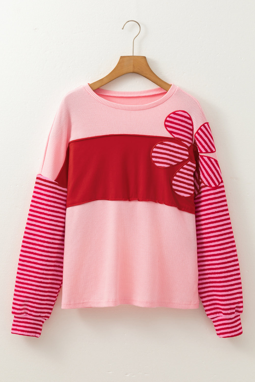 Pink Floral Patch Color Block Striped Sleeve Textured Top Long Sleeve Tops JT's Designer Fashion