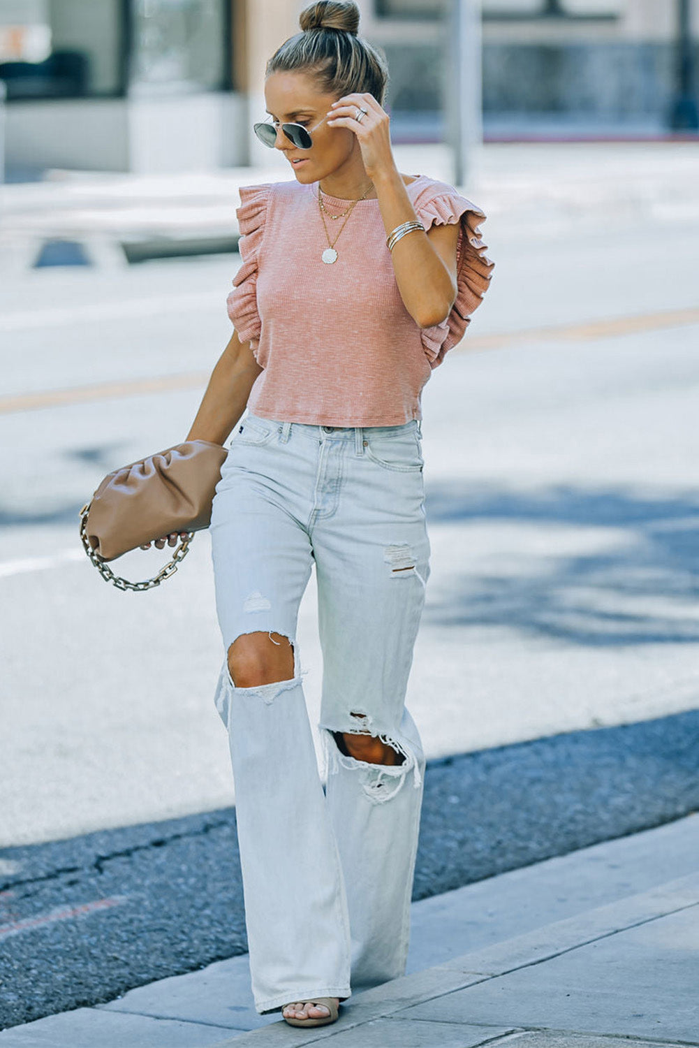 Pink Ruffled Crew Neck Crop Top Tops & Tees JT's Designer Fashion