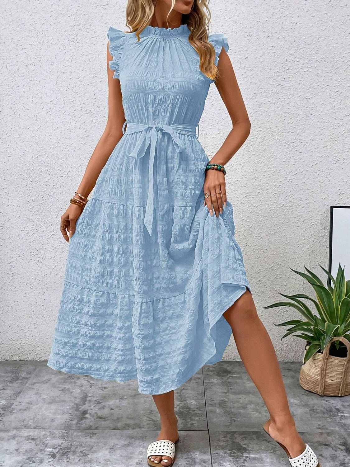 Tied Ruffled Cap Sleeve Midi Dress Mint Blue Midi Dresses JT's Designer Fashion