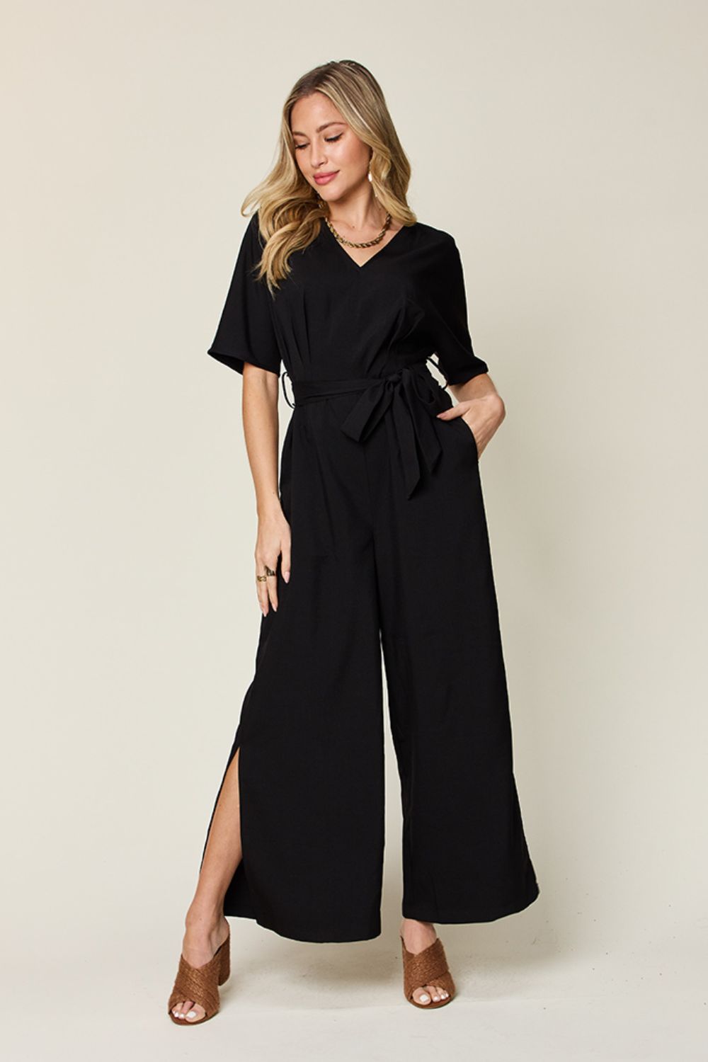 Double Take Full Size V-Neck Tied Side Slit Jumpsuit Black Jumpsuits & Rompers JT's Designer Fashion