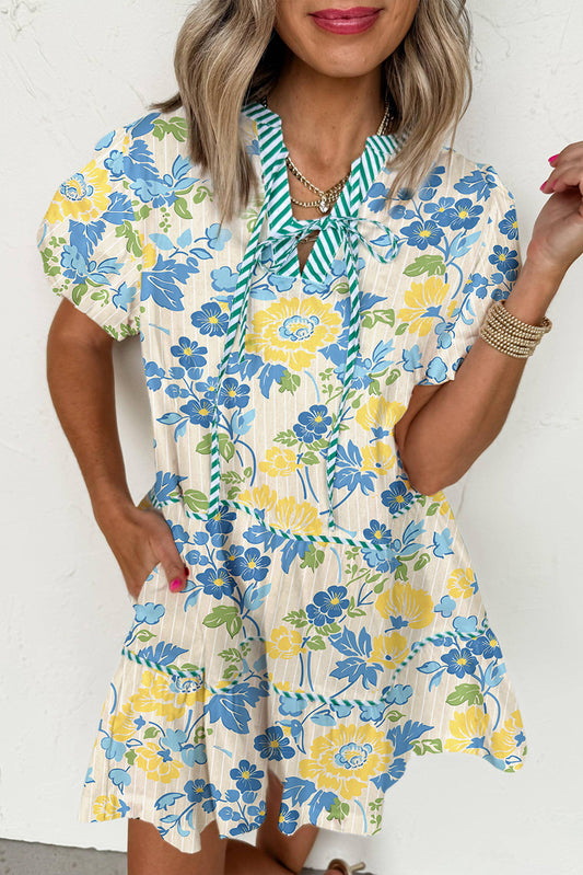 Blue Floral Striped Trim Puff Short Sleeve Dress Floral Dresses JT's Designer Fashion