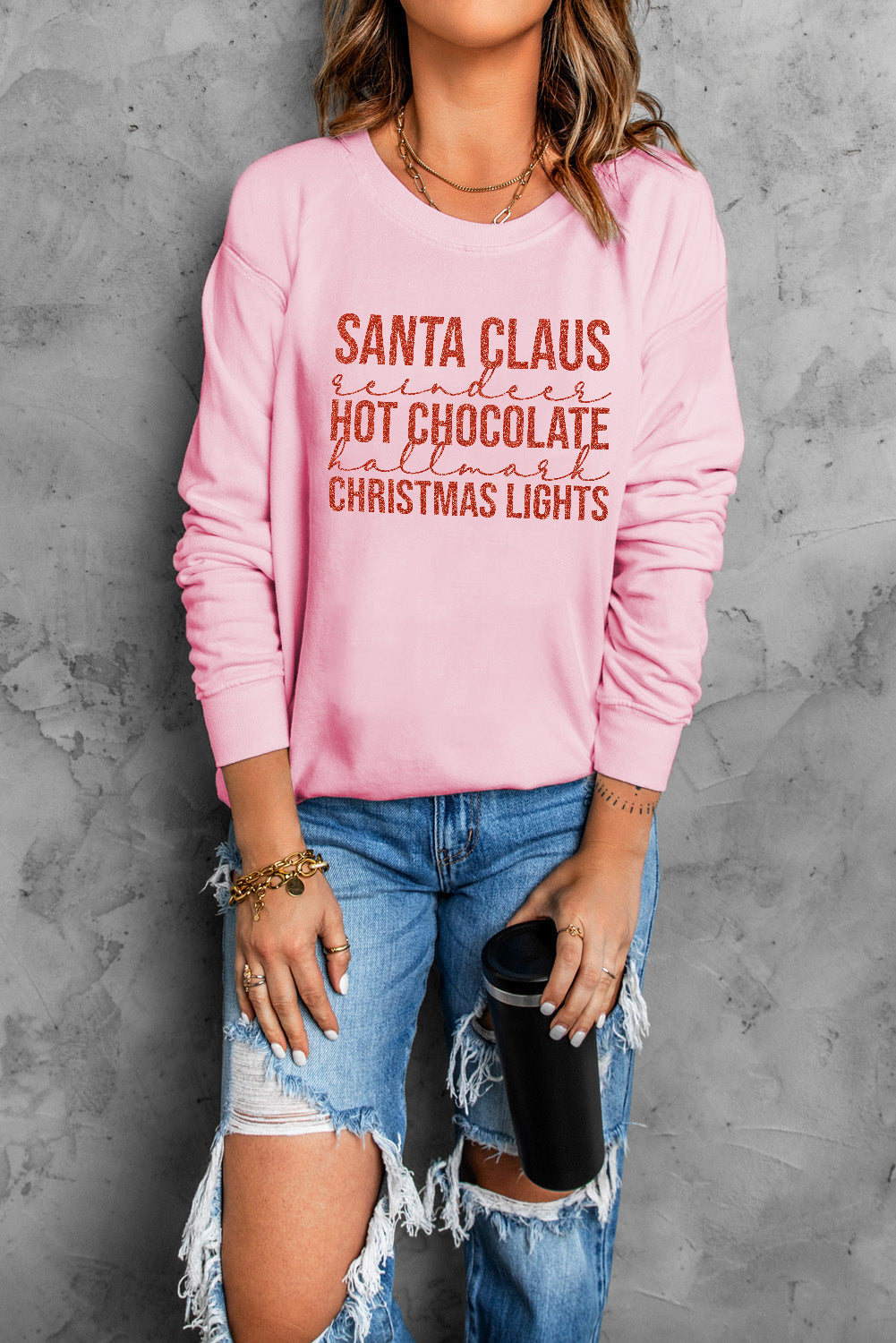 Pink Christmas Letters Glitter Pattern Print Pullover Sweatshirt Graphic Sweatshirts JT's Designer Fashion