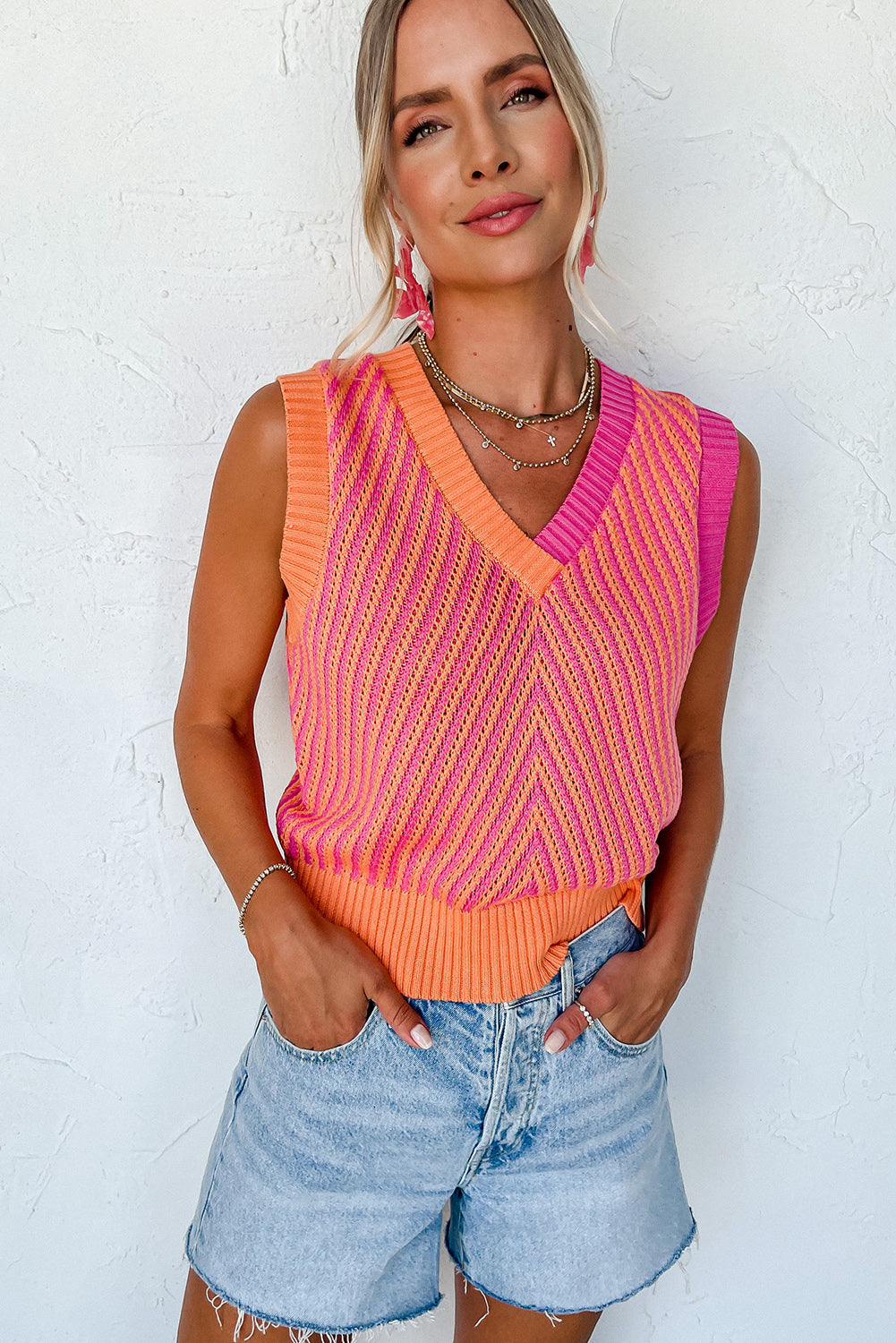 Strawberry Pink Colorblock V Neck Knit Tank Top Plus Size JT's Designer Fashion