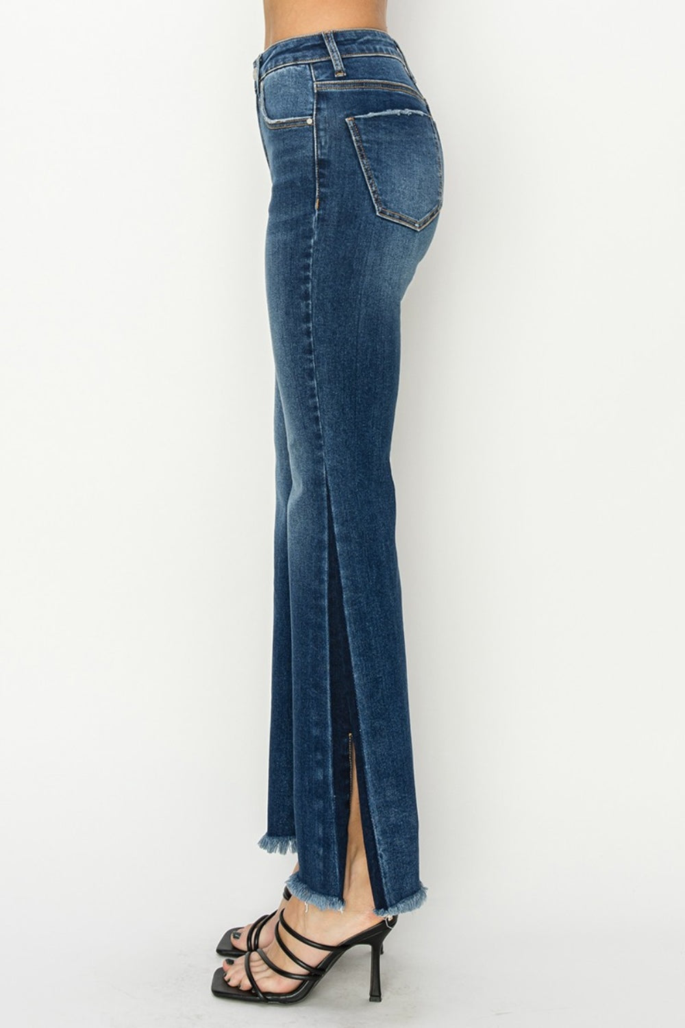 RISEN Full Size High Rise Side Shadow Seam Detail Slit Flare Jeans Jeans JT's Designer Fashion