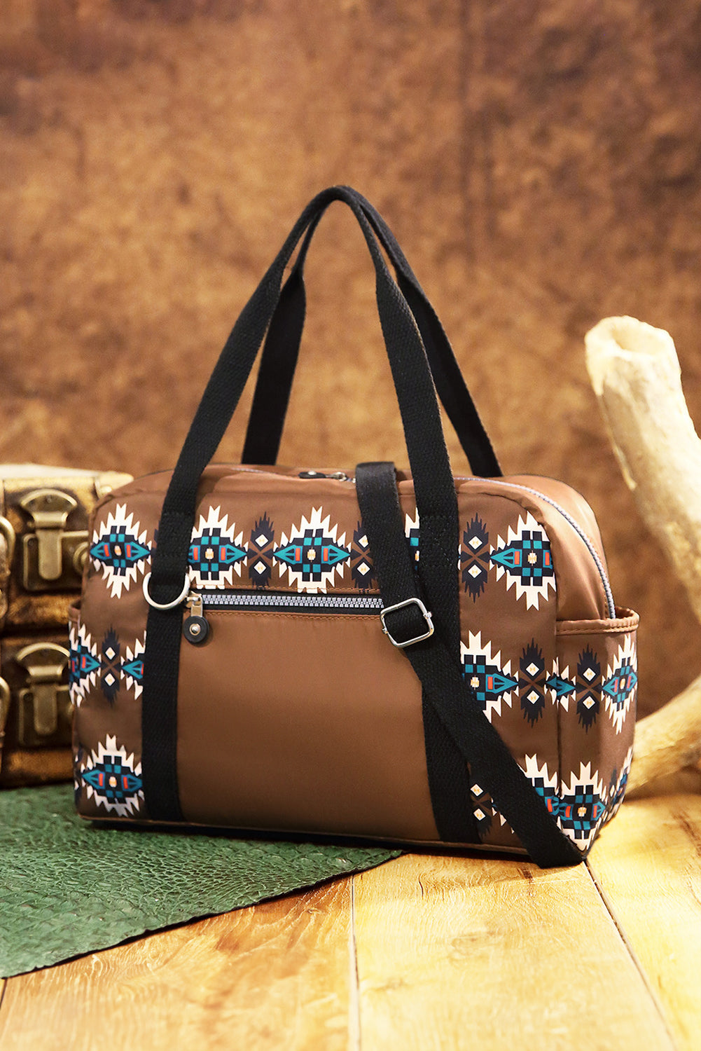 Coffee Western Aztec Print PU Leather Large Travel Duffel Bag Handbags JT's Designer Fashion