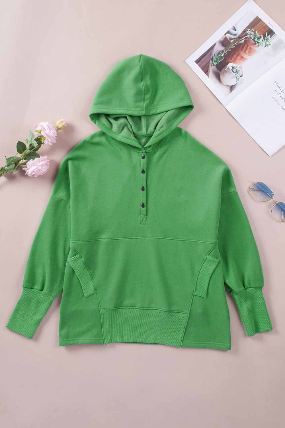 Green Batwing Sleeve Pocketed Henley Hoodie Sweatshirts & Hoodies JT's Designer Fashion