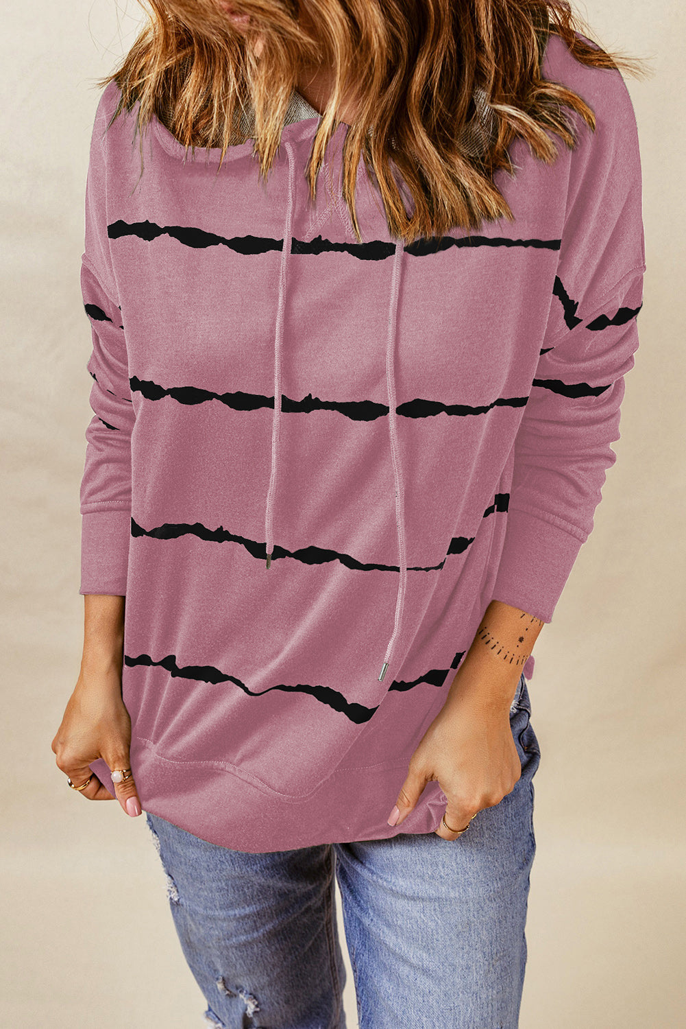 Pink Tie-dye Striped Drawstring Hoodie with Side Split Tops Sweatshirts & Hoodies JT's Designer Fashion